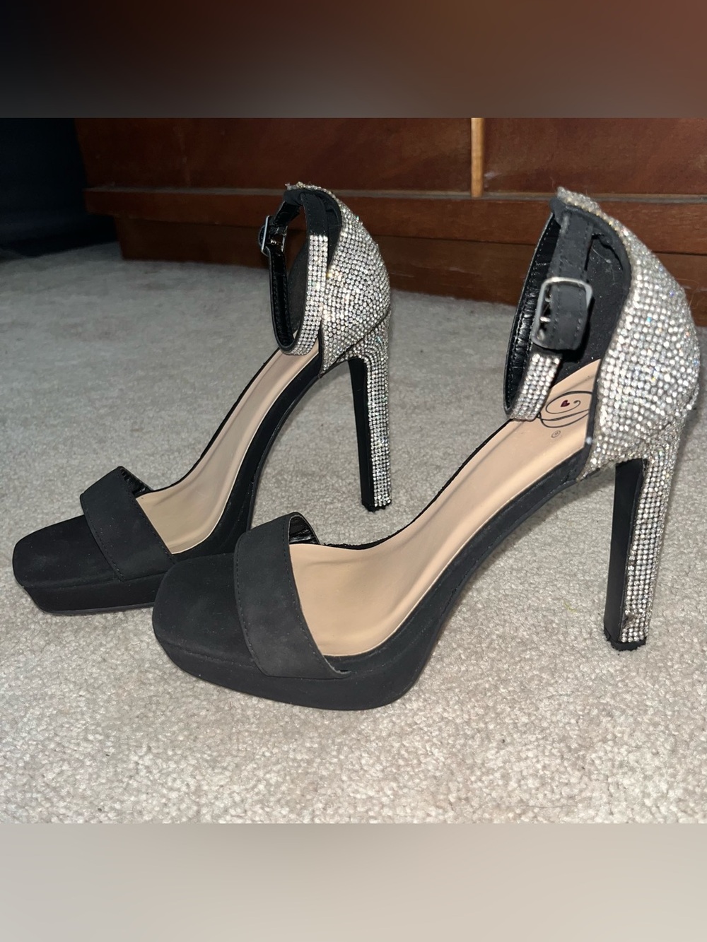 Black Platform Ankle-Strap Heels with Crystal Detail